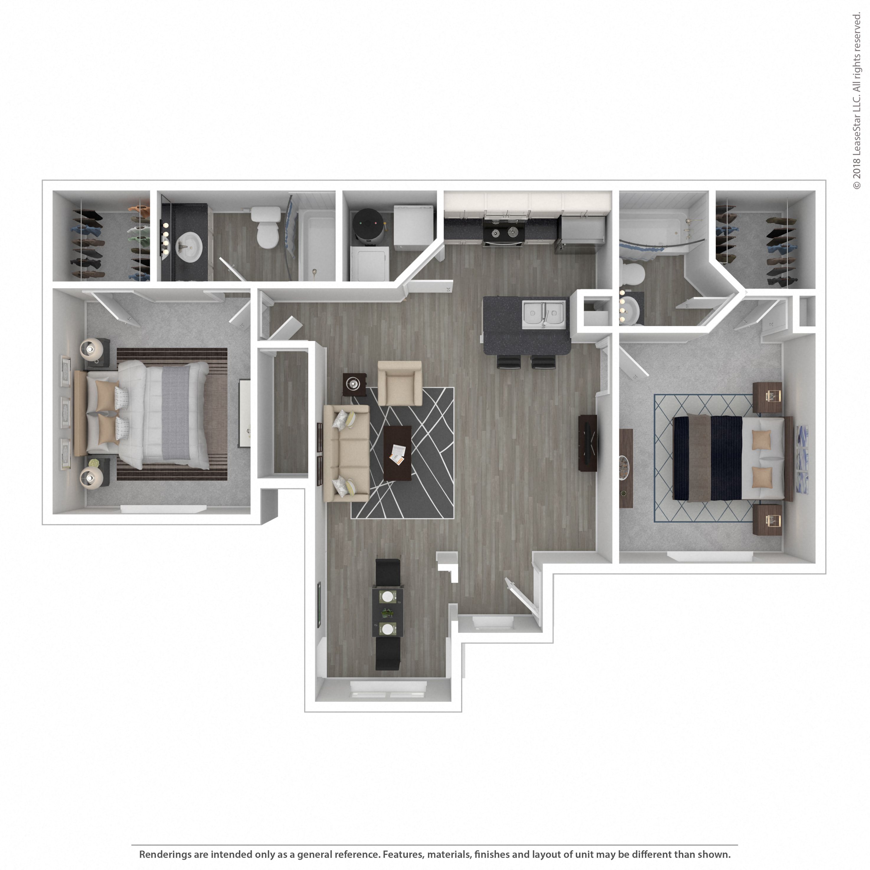 Floor plan for 2 beds, 2 baths, 1010 sqft